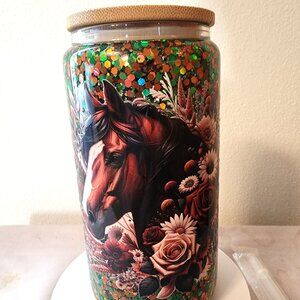 Handmade Glitter Snow Globe Cup 16 Oz. Glass Horse Lid & Straw Slow Flow. B/120